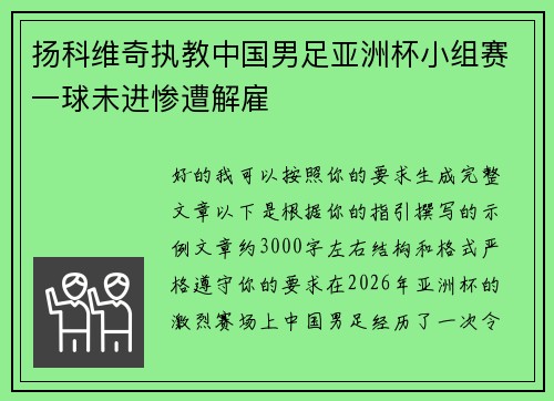 扬科维奇执教中国男足亚洲杯小组赛一球未进惨遭解雇