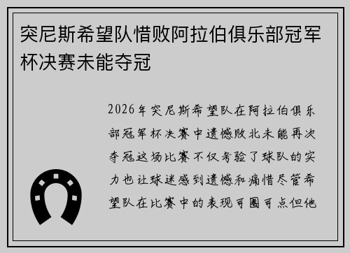 突尼斯希望队惜败阿拉伯俱乐部冠军杯决赛未能夺冠